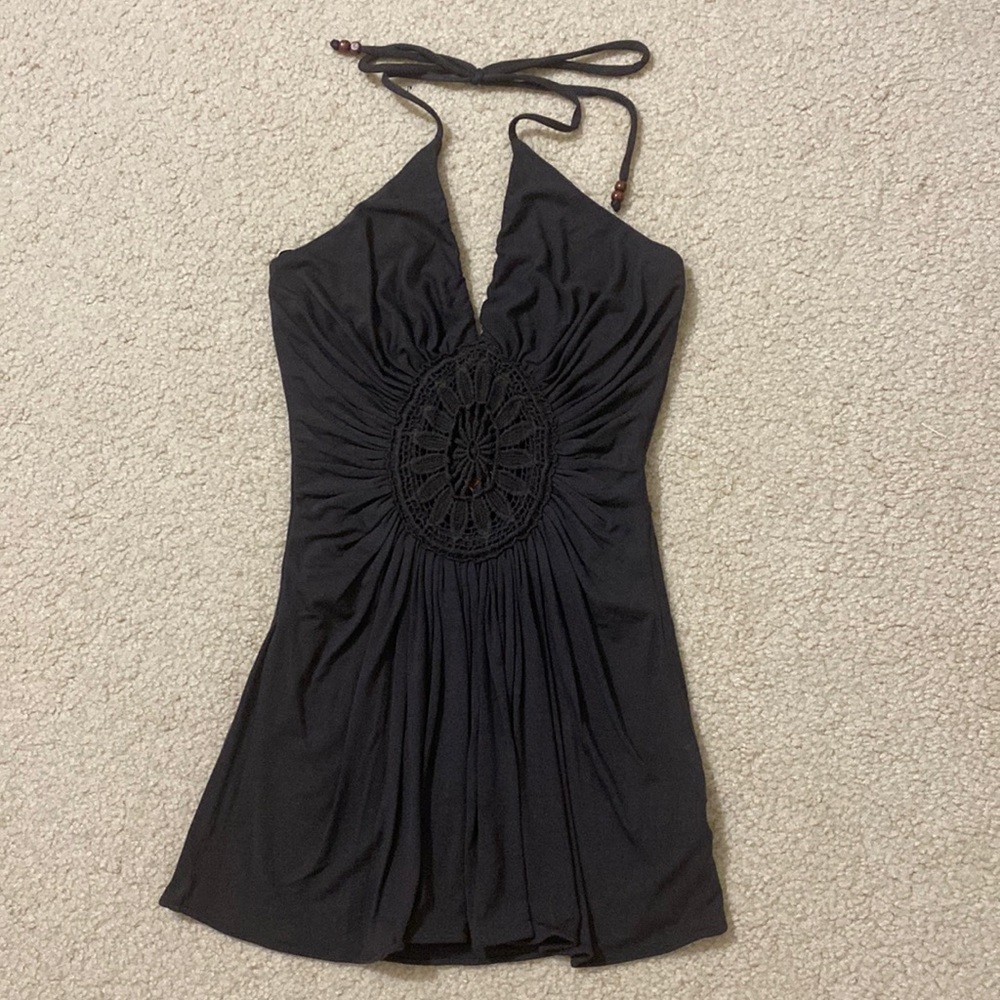 SKY Halter Top Tunic w Crochet Doily Pattern Accent Deco